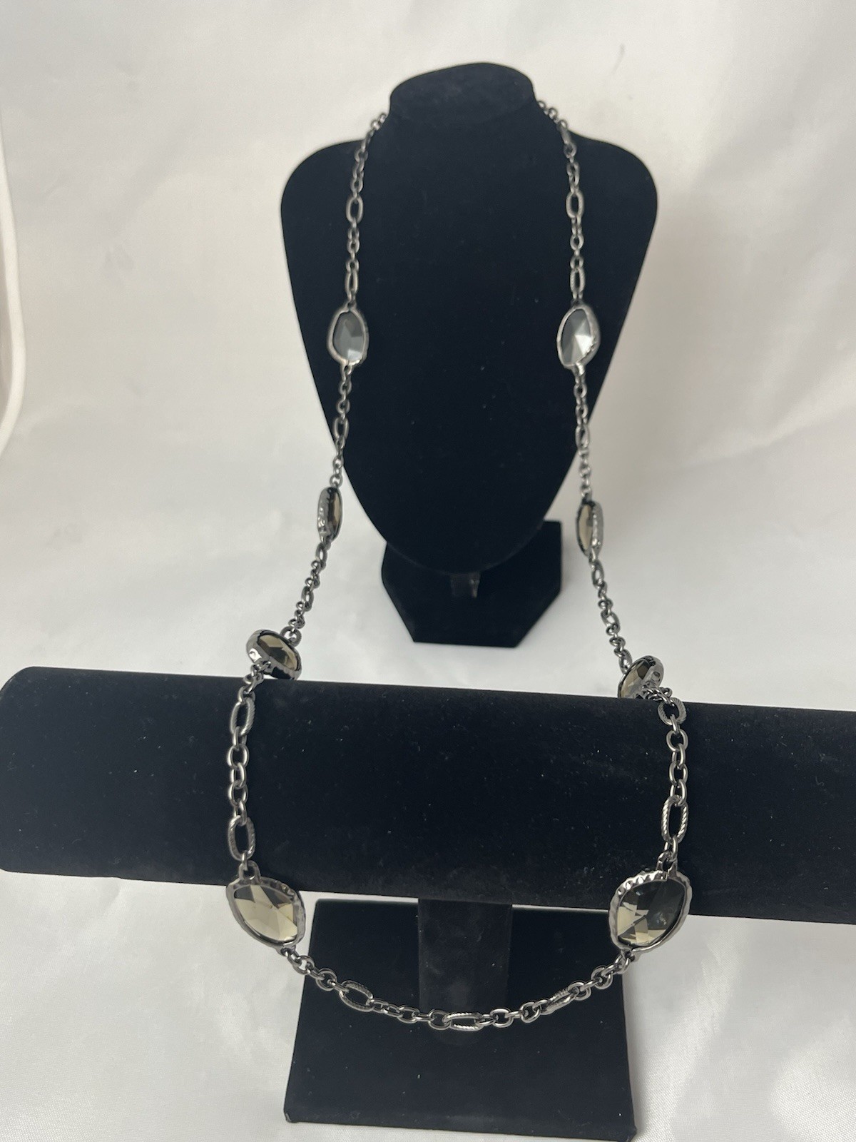 Chicos Long Silver Tone Chain With Black Glass Beads