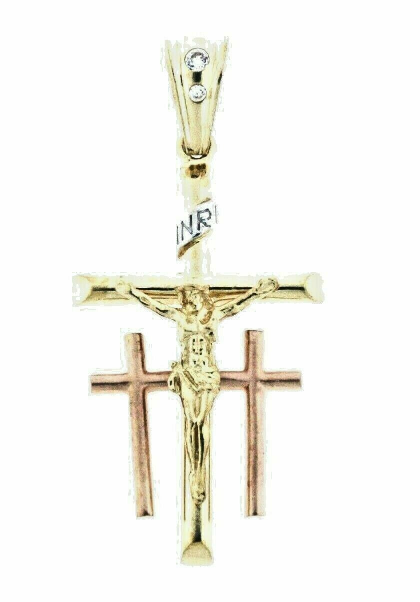 14k Gold Multi Tone Three Cross Jesus Crucifix Religious Charm Pendant 5.4 Gram