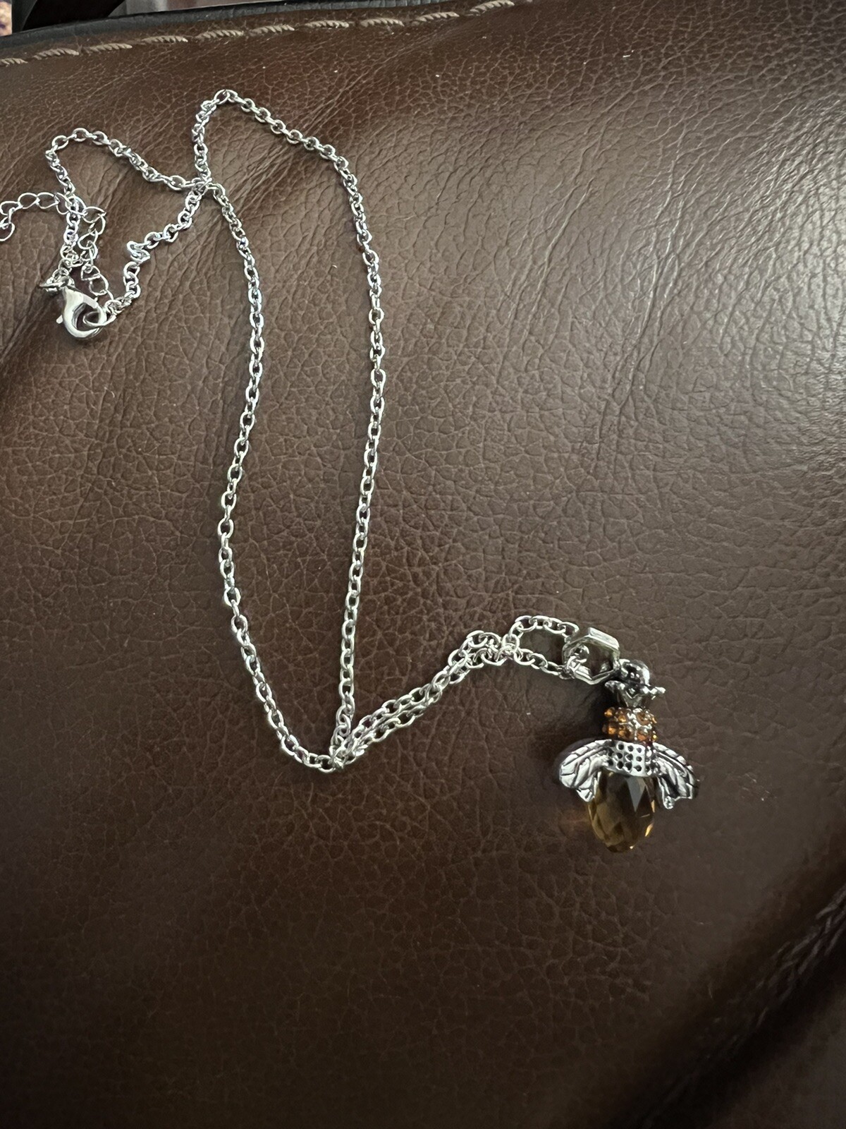 Chico’s Museum Bee Necklace Charm Silver Amber Drop Boho Bumblebee Honey