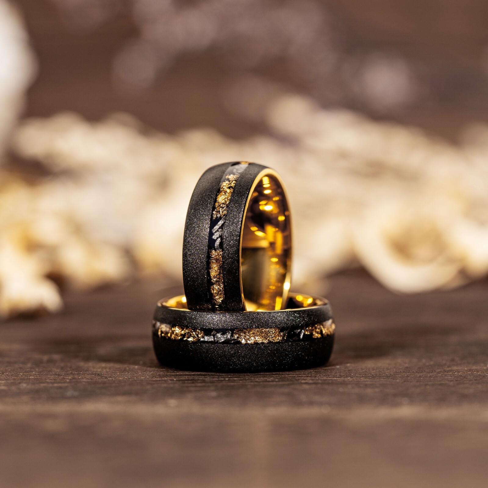 Sandblasted Gold Leaf Meteorite Ring Black Tungsten Mens Wedding Band Mens Ring
