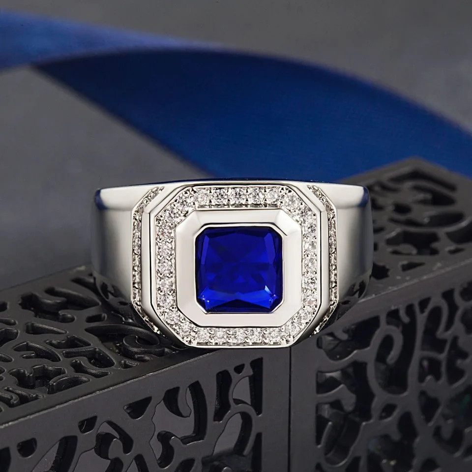 Blue Crystal Ring Silver Color Geometric Tension Mount Wedding Men Jewelry