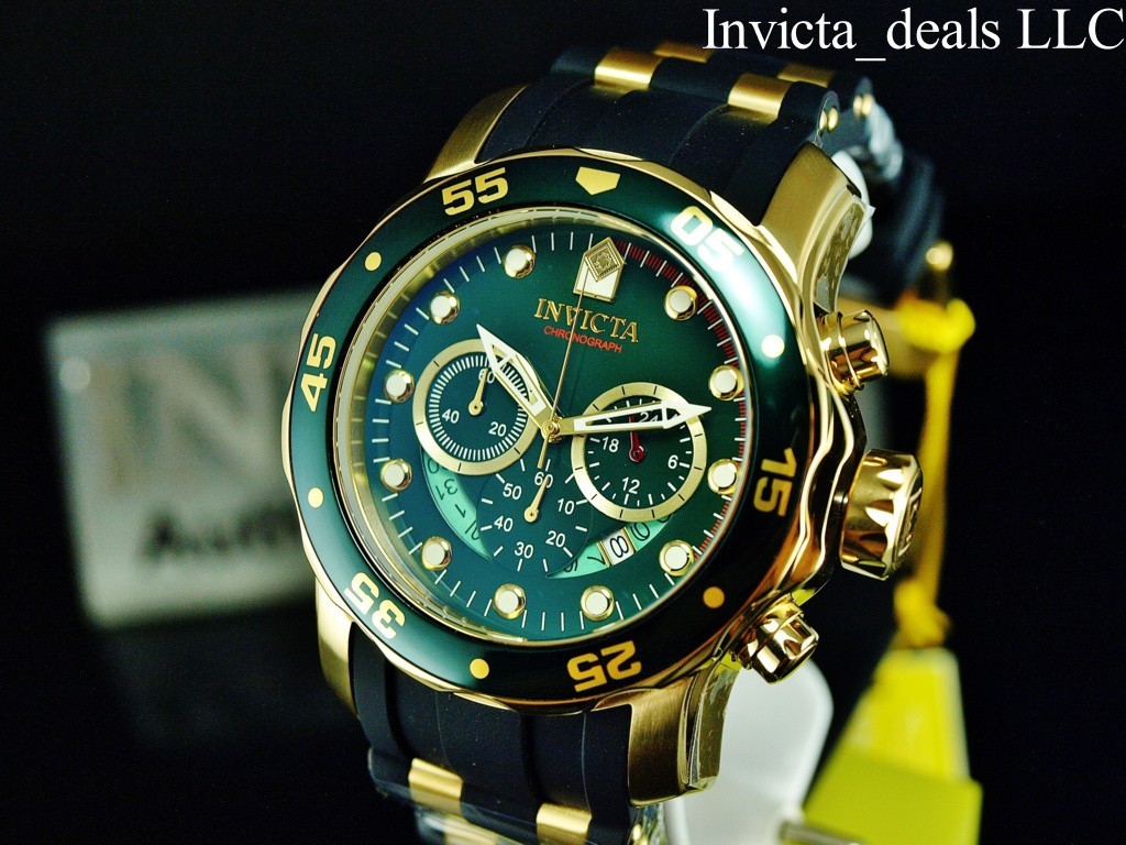 Invicta Men’s 48mm PRO DIVER SCUBA Chronograph GREEN Dial Gold Tone SS Watch