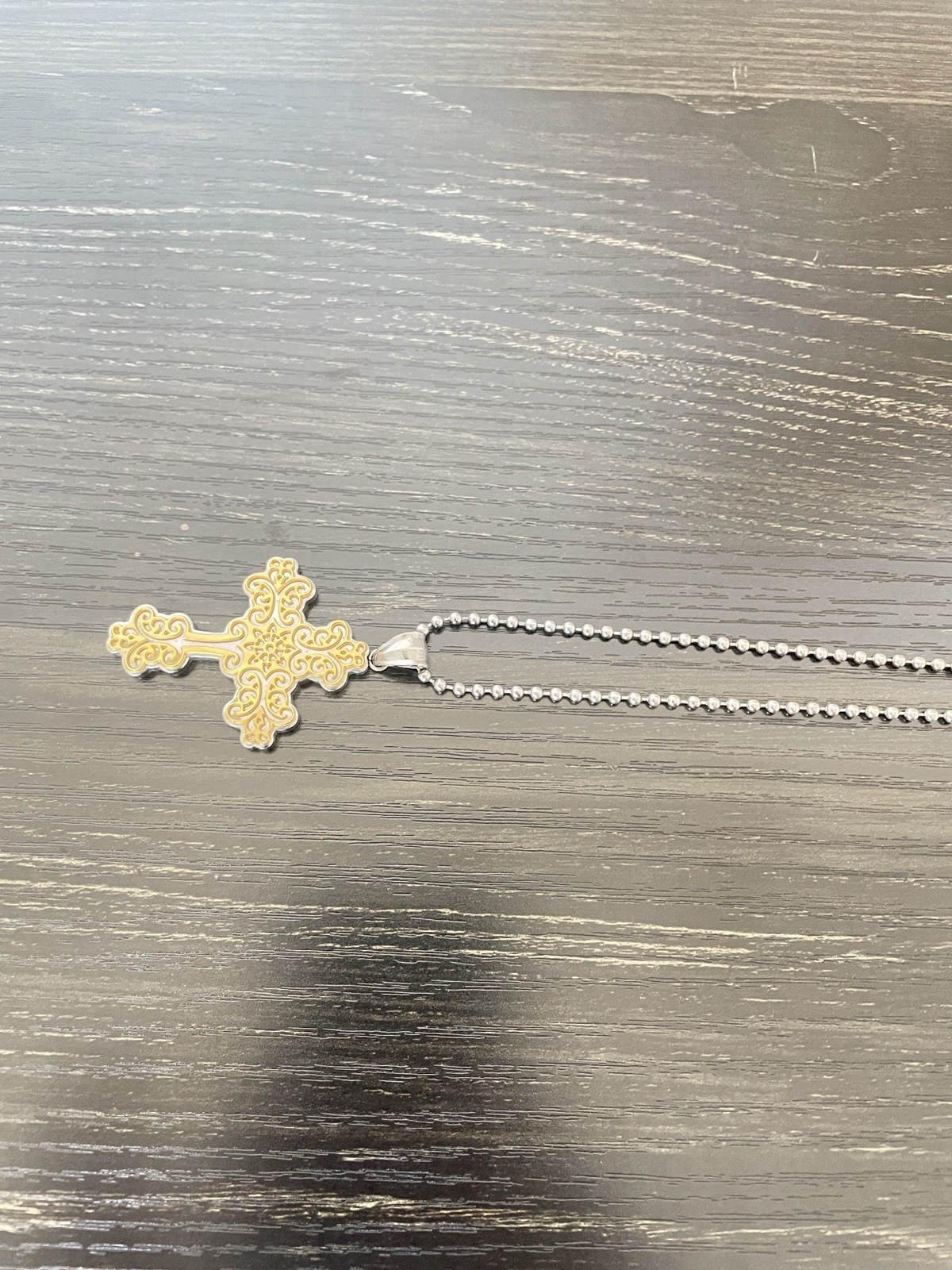 Silver Tone Metal Ball Chain Necklace with Gold Tone Filigree Cross Pendant