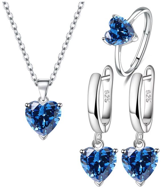 Heart Jewelry Set, Blue Zircon Stone in Ring, Earrings, Necklace, 925S, B268c