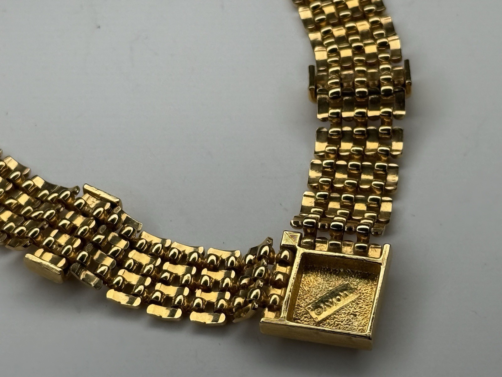 Vintage AVON Brick Chain V Shape Pave Rhinestone Push Lock GoldTone Necklace 16”