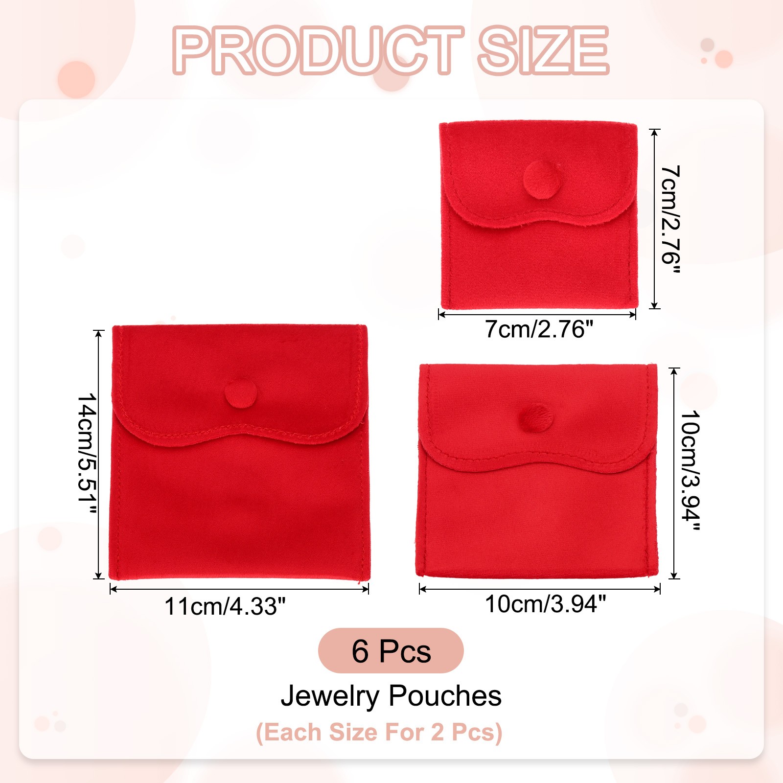 6 Pcs Velvet Jewelry Pouches Gift Bag with Snap Button (3″x3″/4″x4″/4″x5″) Red