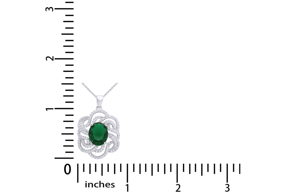 Emerald & CZ Flower Pendant Earrings Ring Set 14K White Gold Plated Silver
