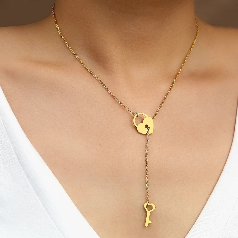Gold Heart Lock and Key Charm Necklace