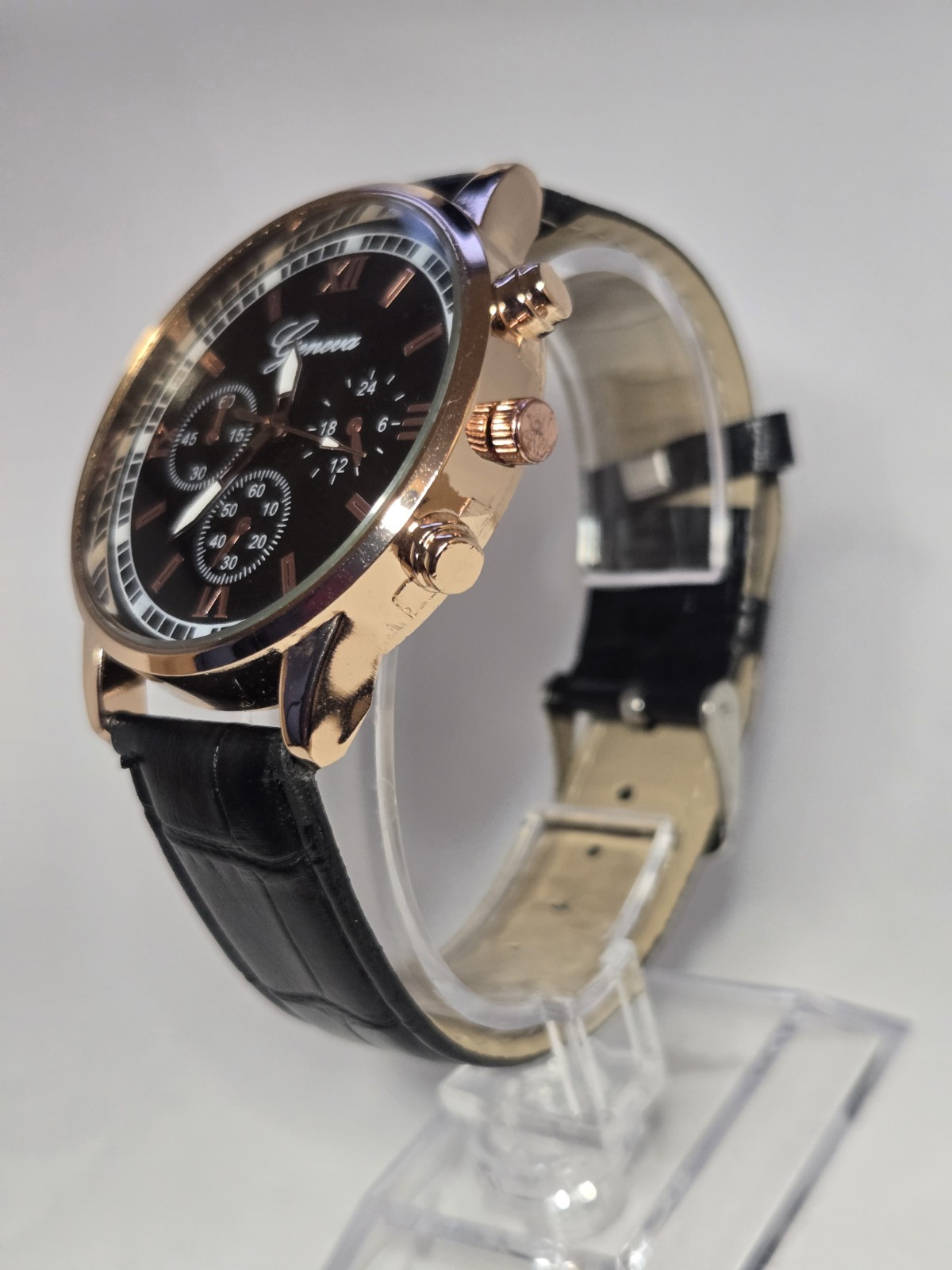 Geneva Men’s Quartz Analog Dress Watch Black Dial Rose Gold Case Leather Strap