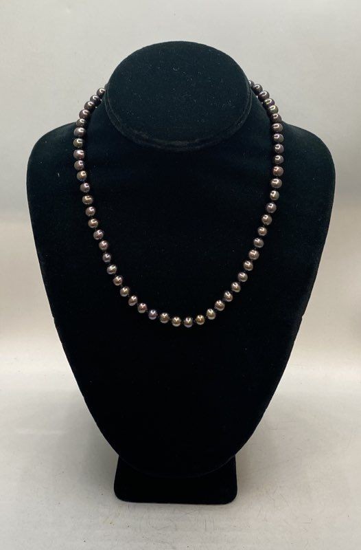 14K Yellow Gold Black Freshwater Pearl Necklace 18″ Hand Knotted 7mm FIC Clasp