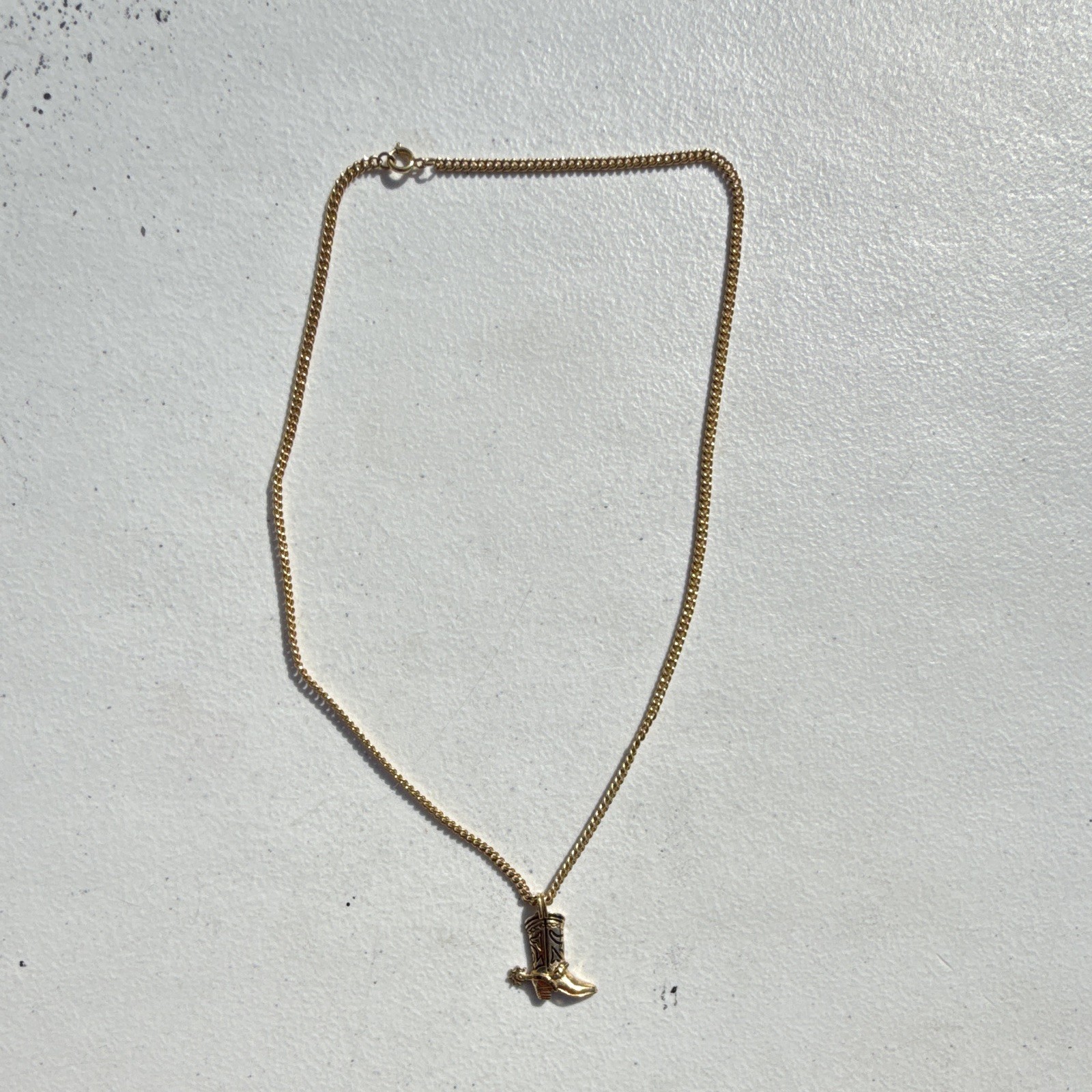 Avon Signed Western Cowboy Boot Charm Pendant Necklace Gold Tone Box Chain
