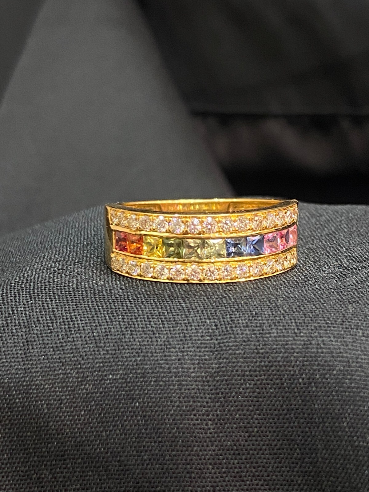 2.52 TCW Round Brilliant Diamonds Multi Color Princess Sapphire Ring in 18K Gold