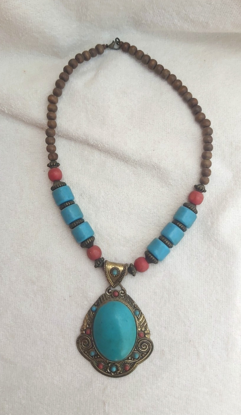 Vintage Berber Turquoise Pendant Necklace Ethnic Tribal Boho Statement Jewelry