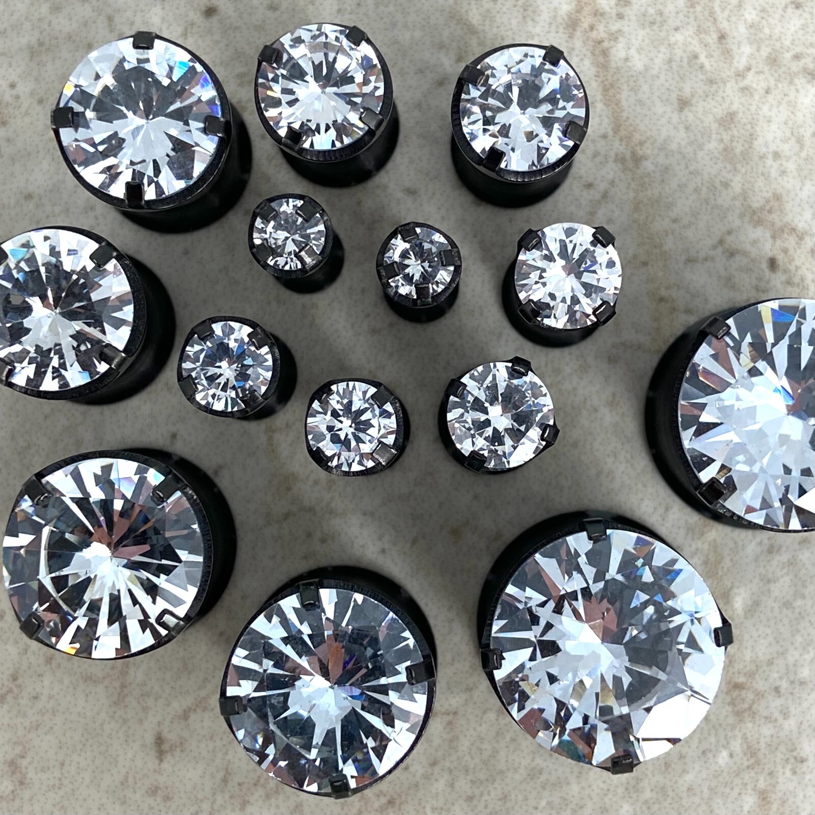 Pair 316L Black Steel Double Flare Plugs with Prong Set Clear CZ (PS-151) gauges