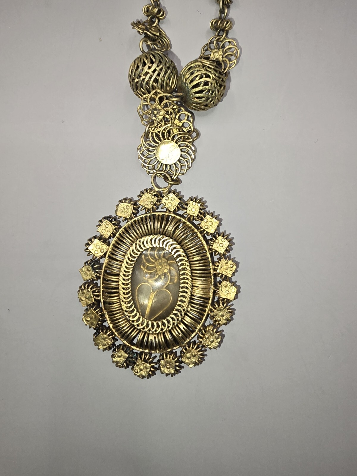 Philippines Tambourine Reliquary Gilt Copper Filigree Pendant Necklace Tamborin