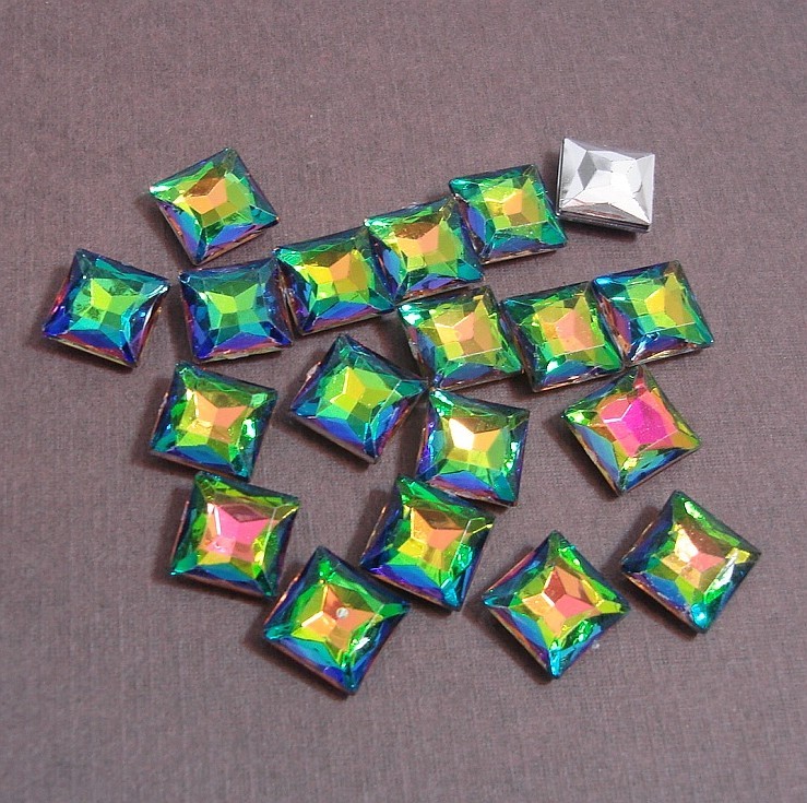 10pcs-Vintage Acrylic Vitrail Faceted Foiled Pointed Back Square Rhinestone.
