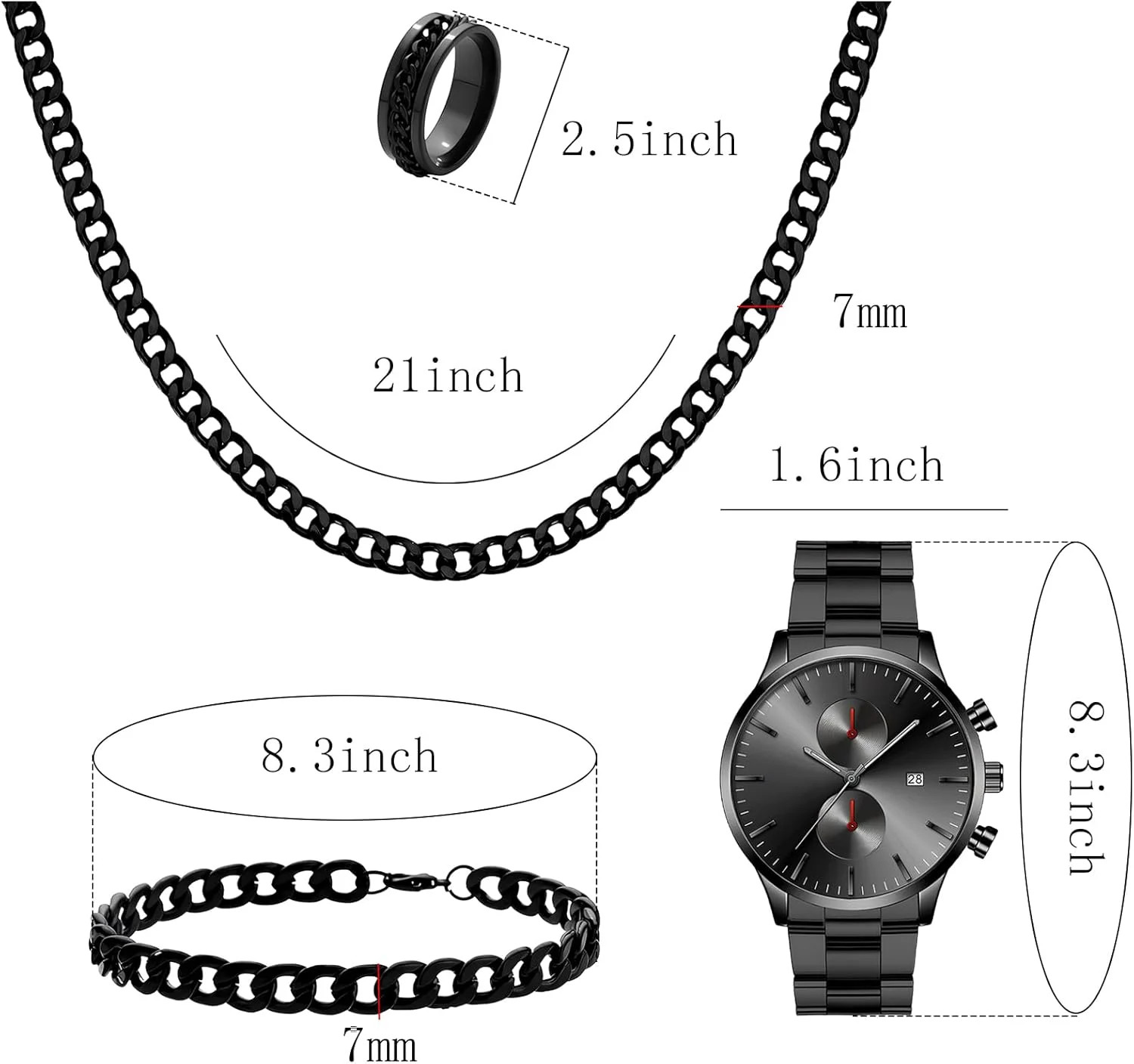 NEWITIN 4 Pieces Black Jewelry Set for Men Stainless Steel Watch Necklace Bracel