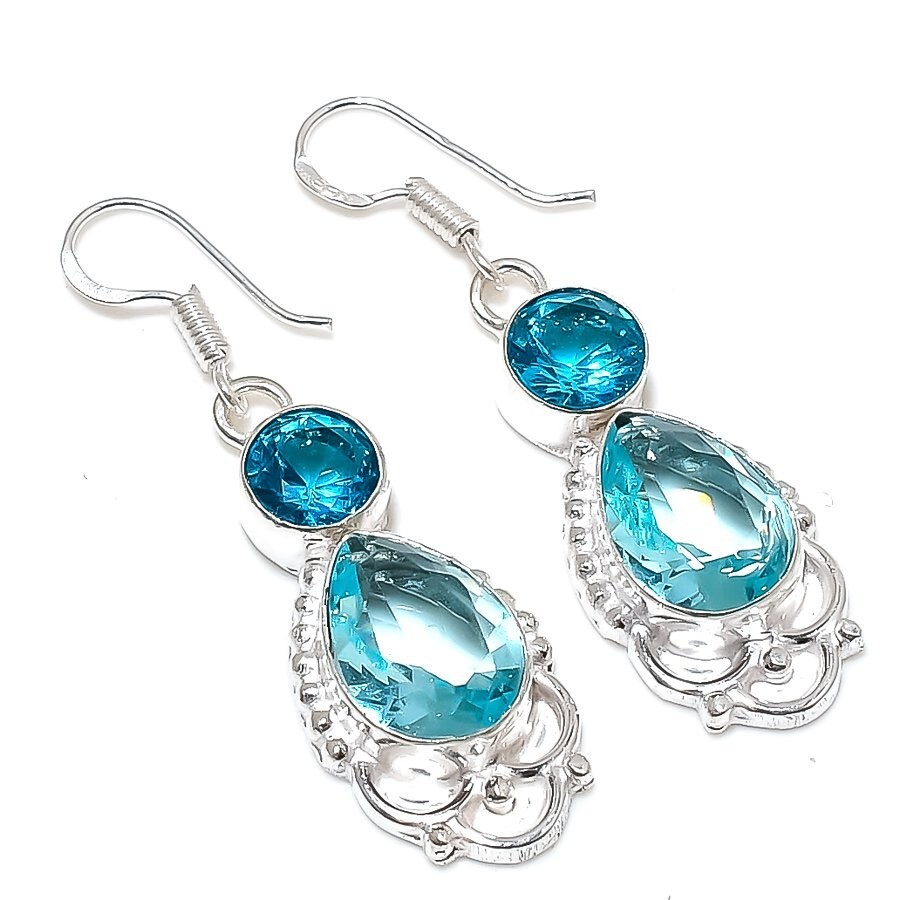 Aquamarine Gemstone Handmade 925 Sterling Silver Jewelry Earring Size 1.8″
