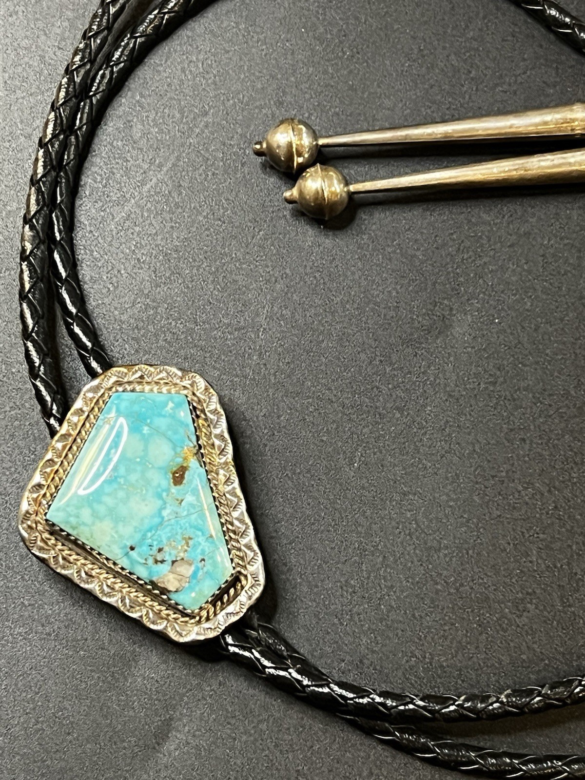 Vintage Southwestern Turquoise Bolo Tie Sterling Tips 32in Braided Leather