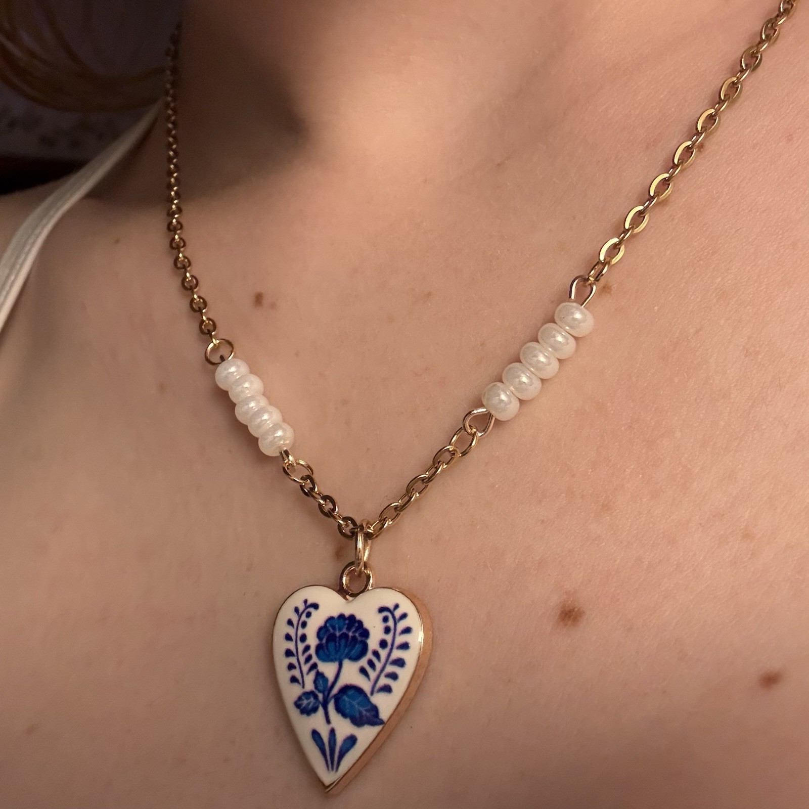 Stainless Steel Cable Chain Necklace, White Glass Beads, Blue Heart Charm, 16in