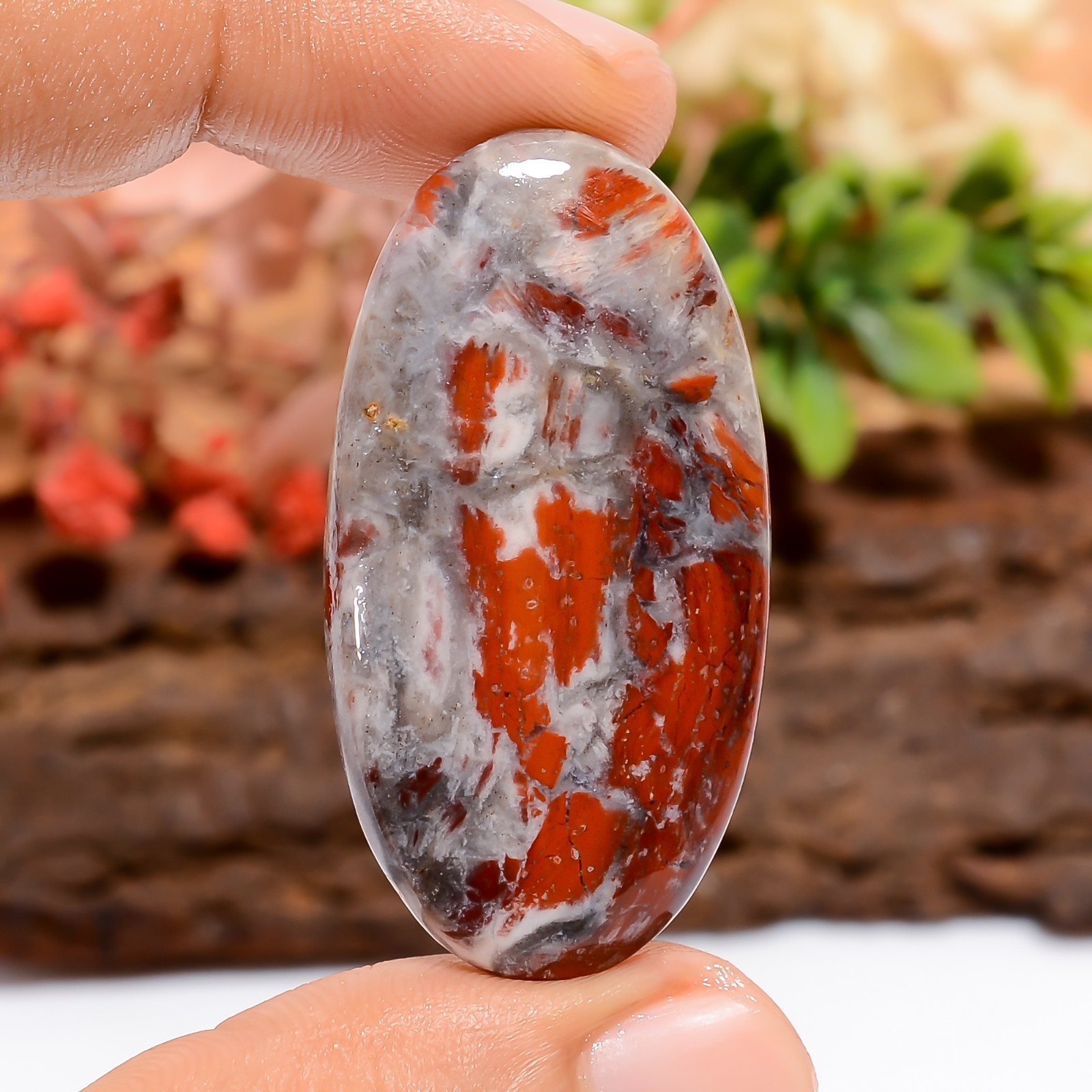 Natural Snakeskin Jasper Oval 49Ct Red 42X22X5mm Pendant Making Loose Cabochon