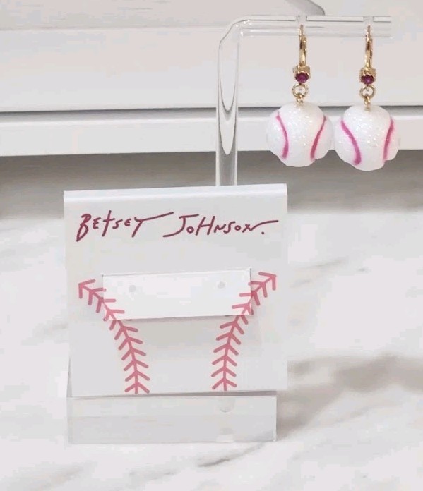NWT! Betsey Johnson Pink & White Baseball Dangle Game Day Sparkle Earrings