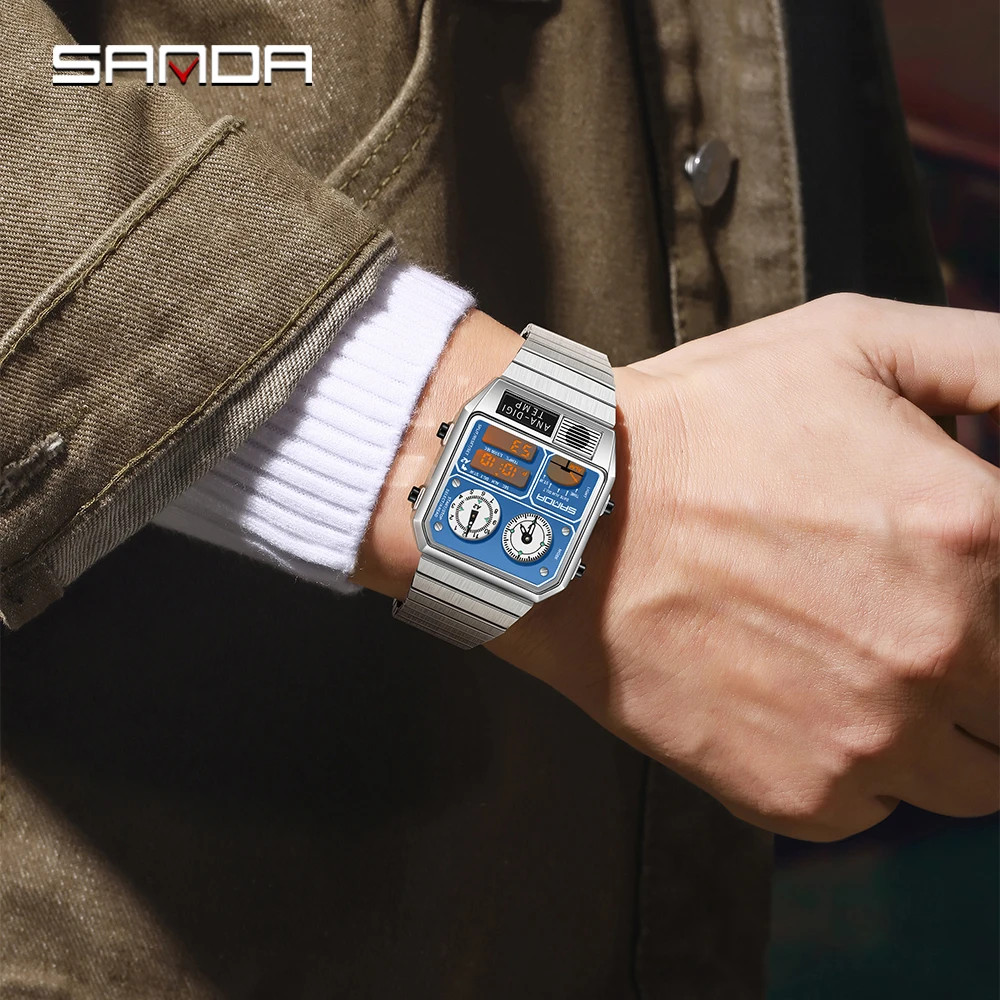 SANDA 3192 Men’s Square Digital Watch LED Thermometer Stopwatch 50M Waterproof