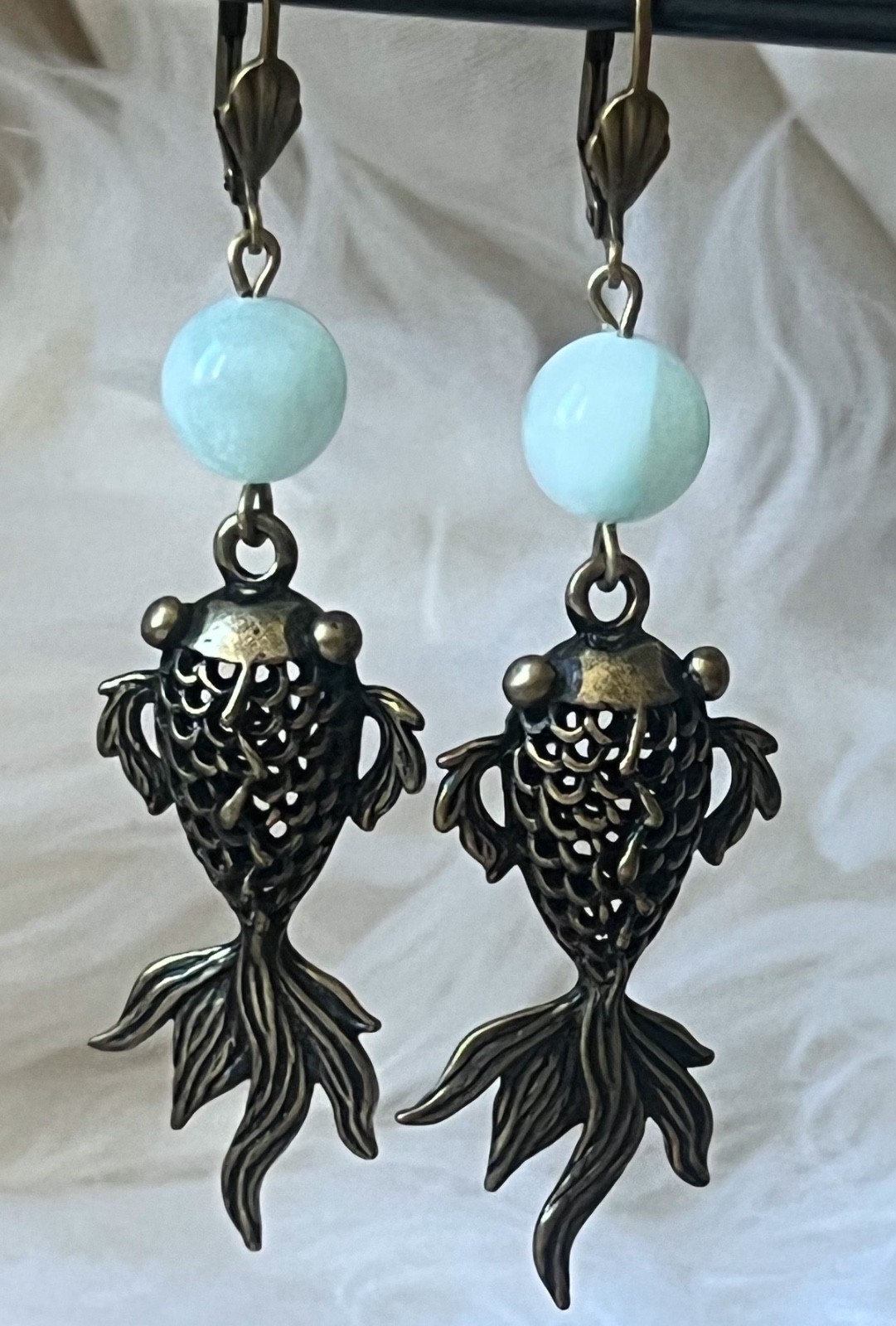 Koi Fish Earrings Long Filigree 3d Fish Green Moonstone Beads