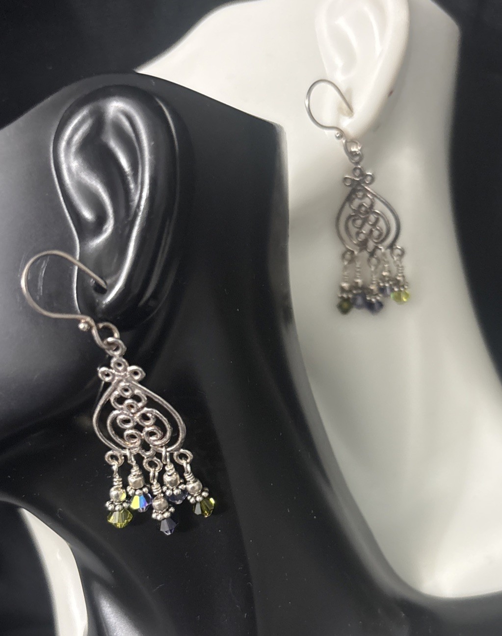 Vintage Sterling Silver Drop Earrings Green Purple Beads Dangle 6g 2”