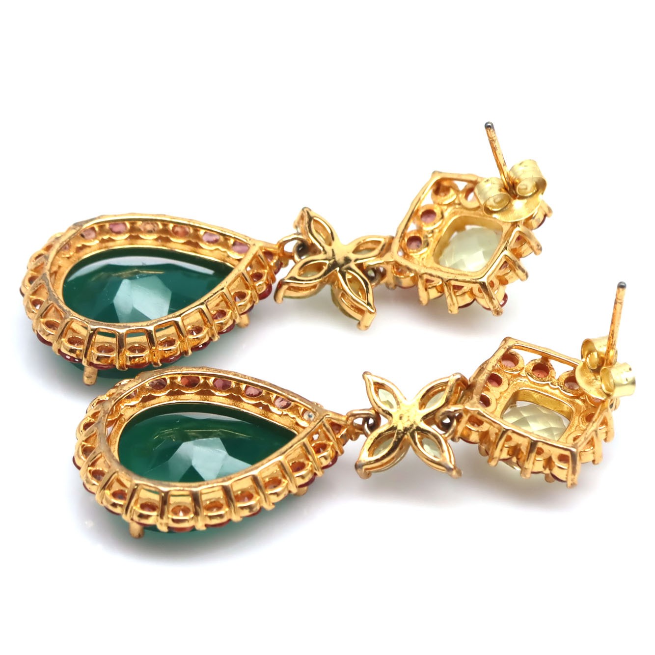 925 Sterling Silver 12 x 18 MM. Green Agate, Quartz, Peridot & Sapphire Earrings
