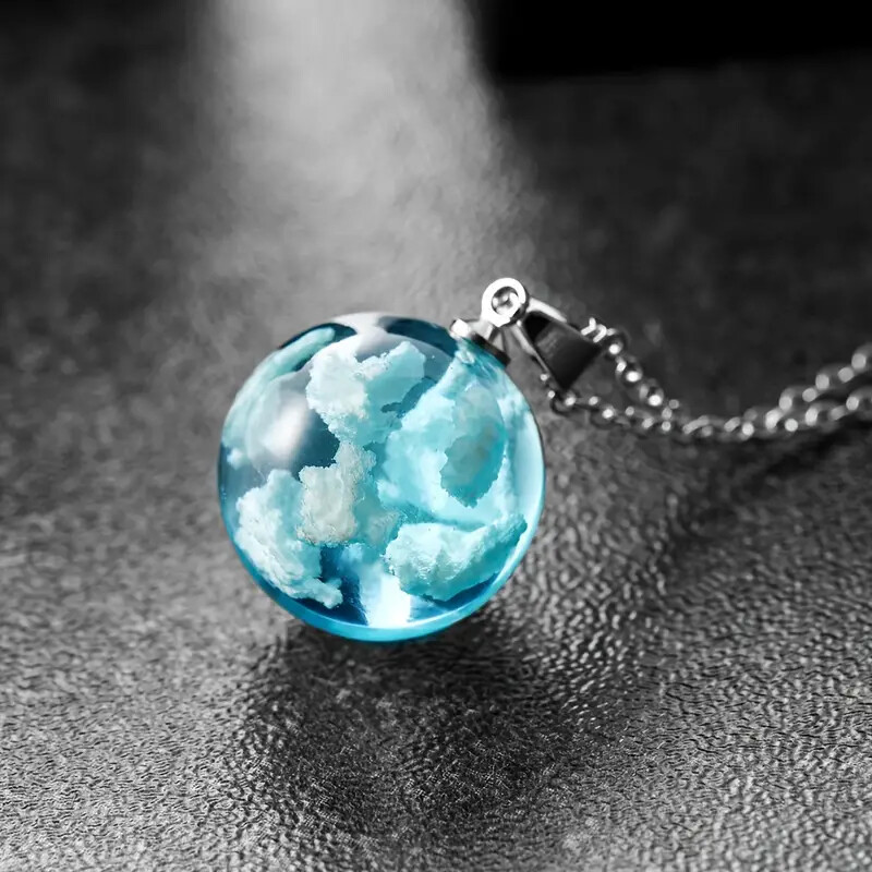 New Blue Sky White Cloud Transparent Ball Shape Resin Pendant Necklace Jewelry