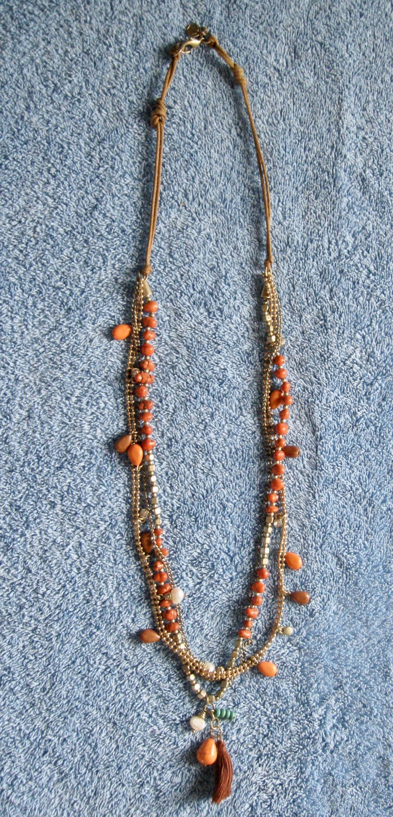 “T” Logo FLOATING 3 STRAND Orange Turquoise Beaded Necklace; Chain; Cord Lobster