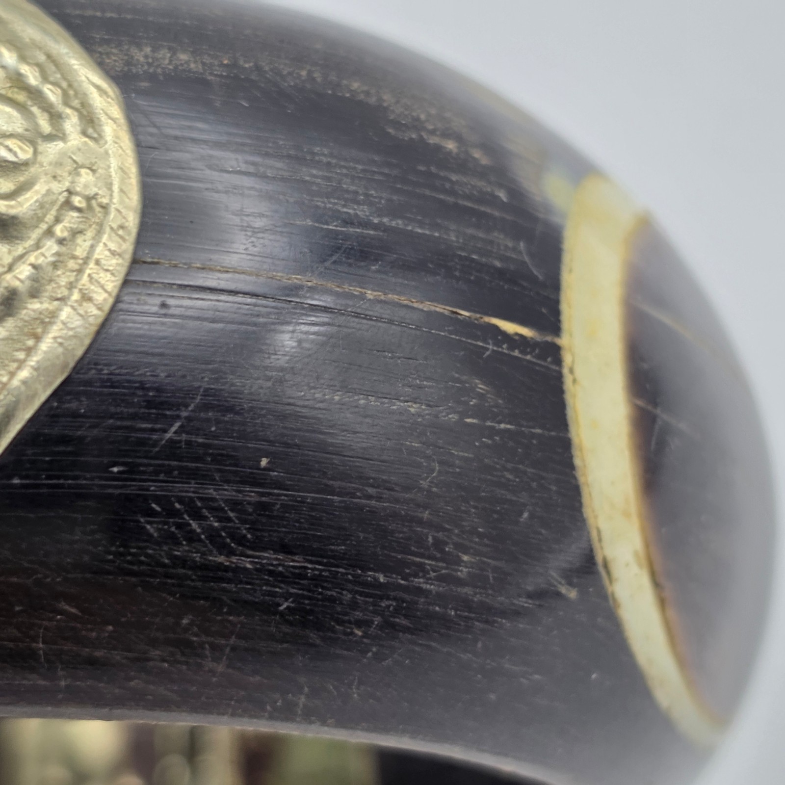 Black Horn Bone Inlay Brass Hinged Pin Clasp Wide Bangle Bracelet India Vintage