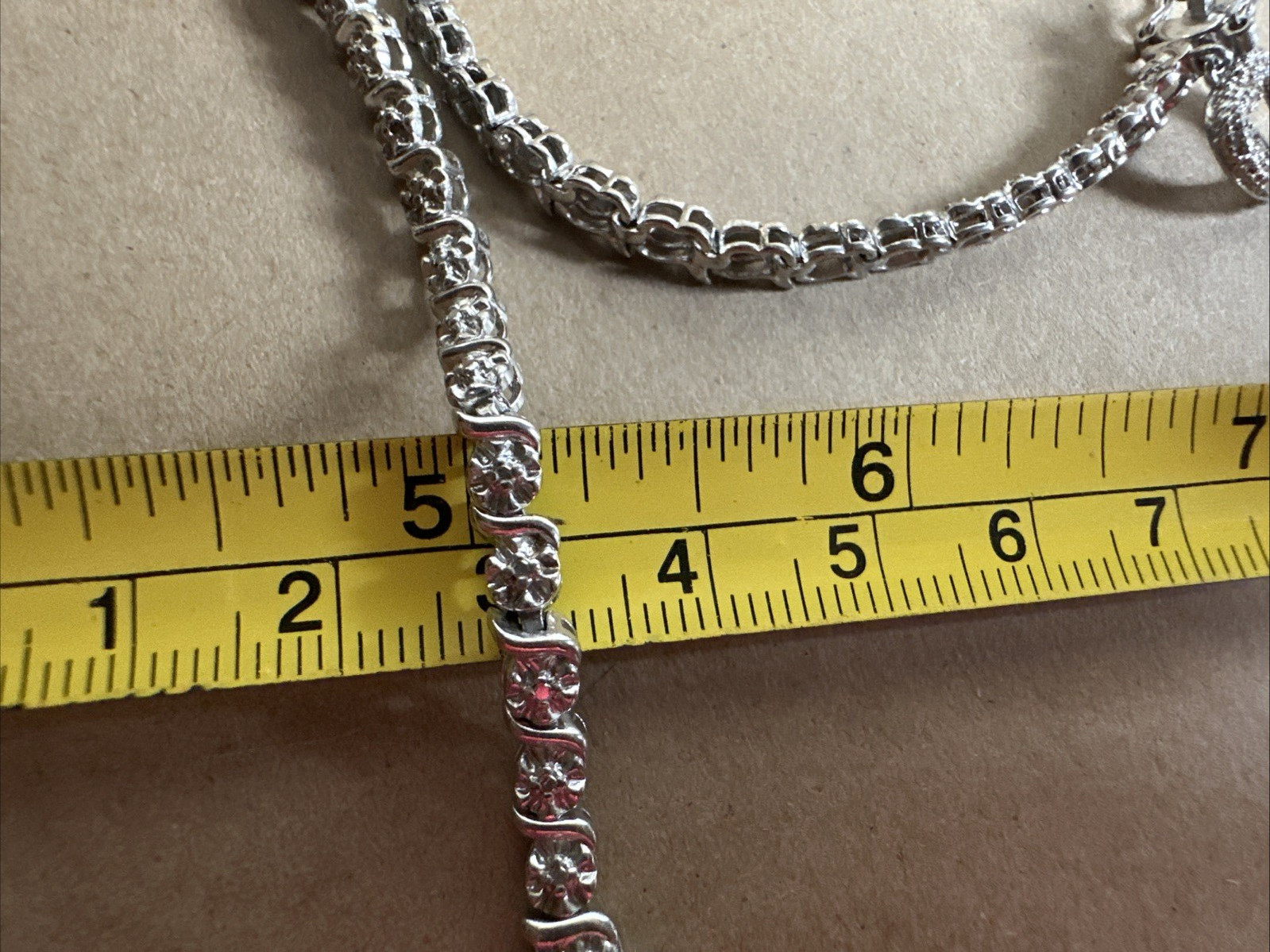 Marked 925 Platinum Over Silver Diamond Accent Tennis Bracelet w/ Heart Charm