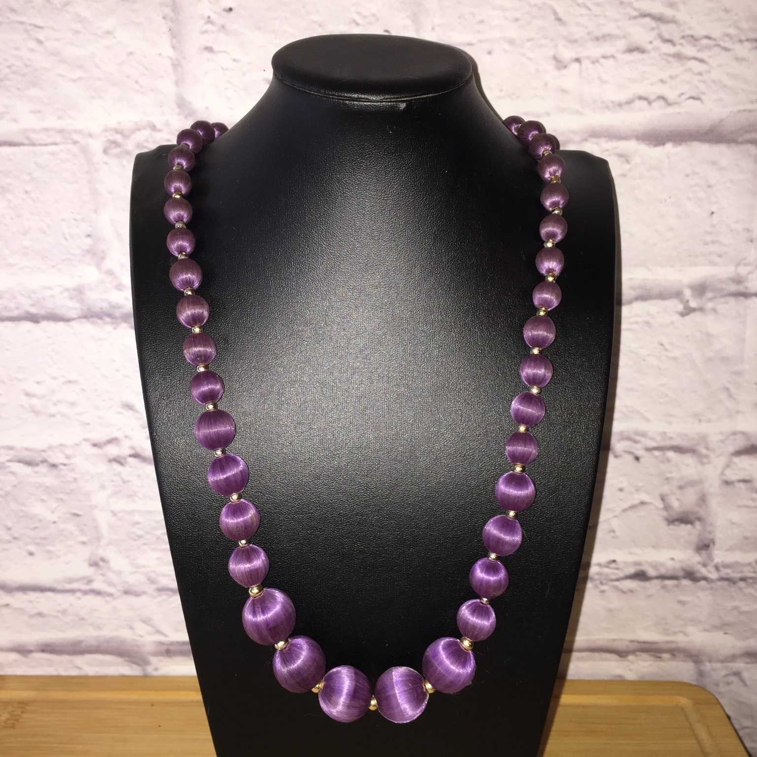 Vintage Graduated Bead Necklace Purple Acrylic Silk Wrapped Statement