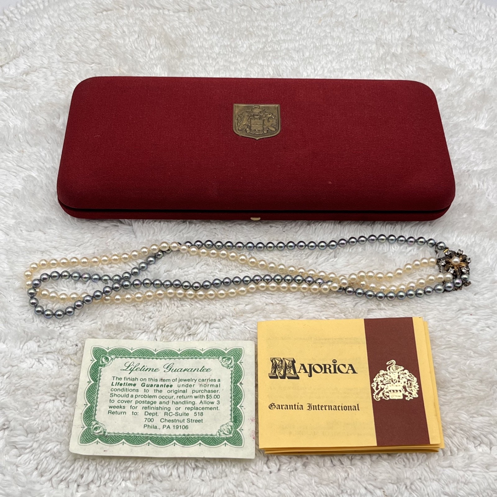 Vintage Majorica Faux Pearl Necklace 2 Strand Cream Oil Slick Box Papers 20″