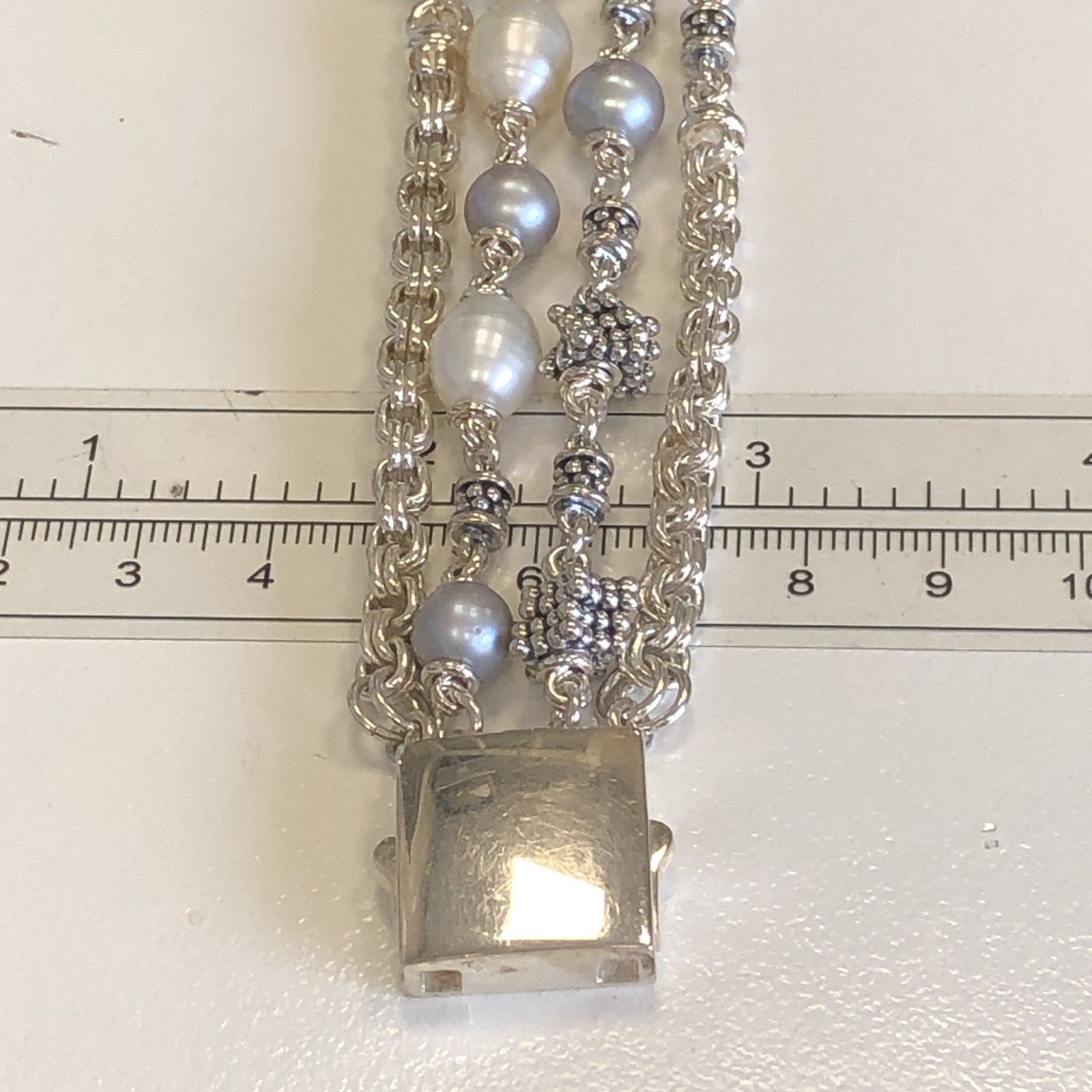 Excellent! Michael Dawkins Sterling Silver & Pearl 4-Strand Chain Bracelet 8″