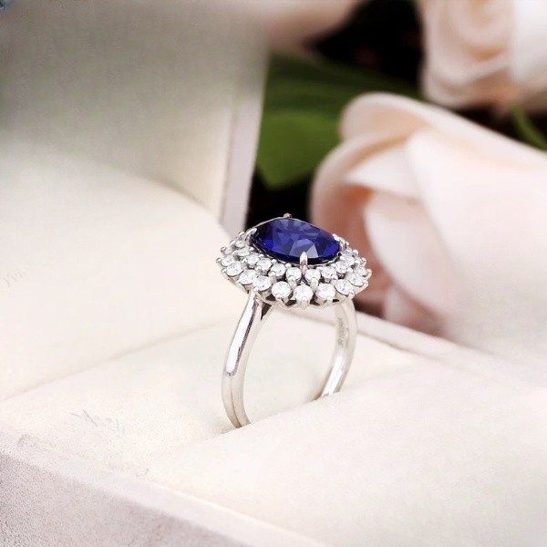 3.60 Ct Oval Natural Sapphire & Diamond Wedding Ring 14K White Gold Size 6