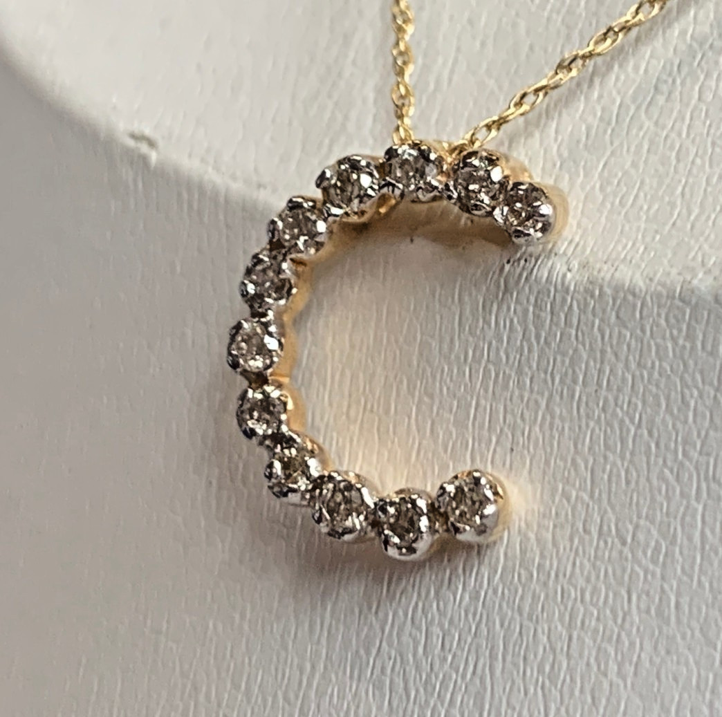 14K Yellow Gold Diamond “C” Necklace 1.95g Fine Jewelry 18″ Rope Chain *READ*