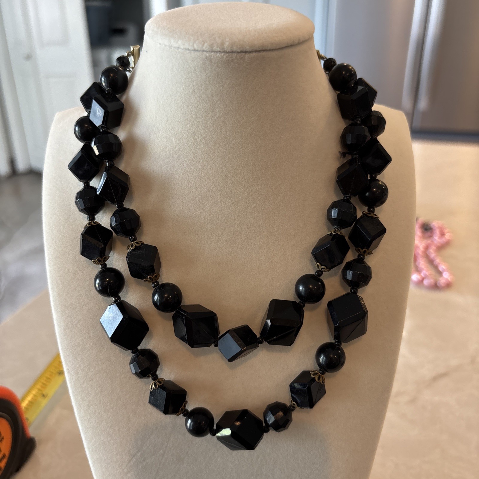 Vtg Art Deco Jet Black Chunky Resin Bead 2 Strand Geometric Cube Necklace F18
