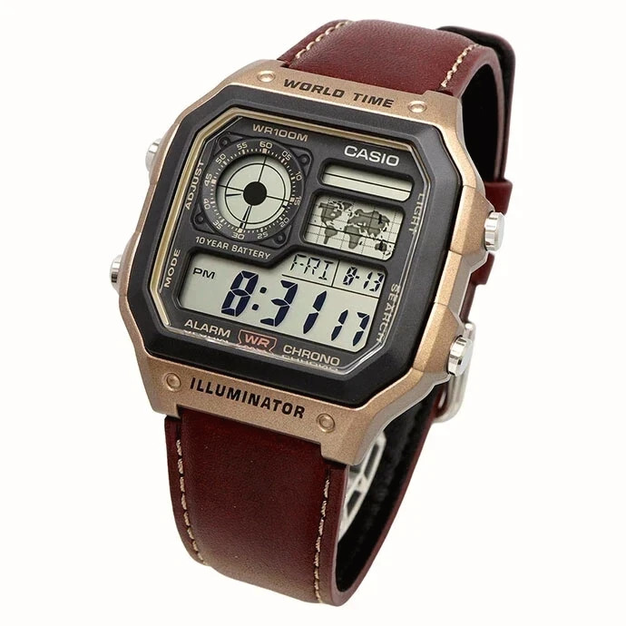 Casio Standard Digital World Time Leather Strap Quartz AE-1200WHL-5AV 100M Men S