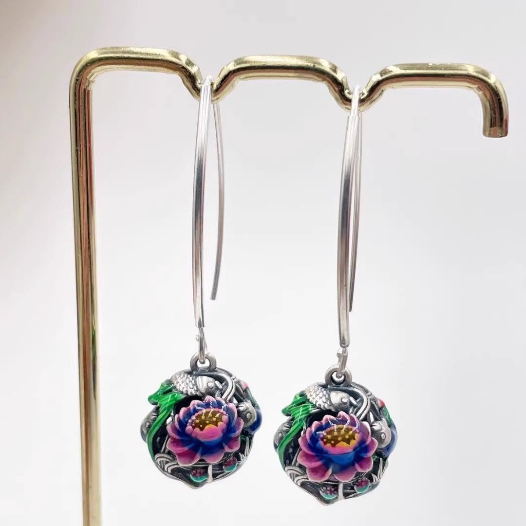 New Cloisonne Enamel Lotus Koi Fish Earrings Ethnic Handmade Dangle
