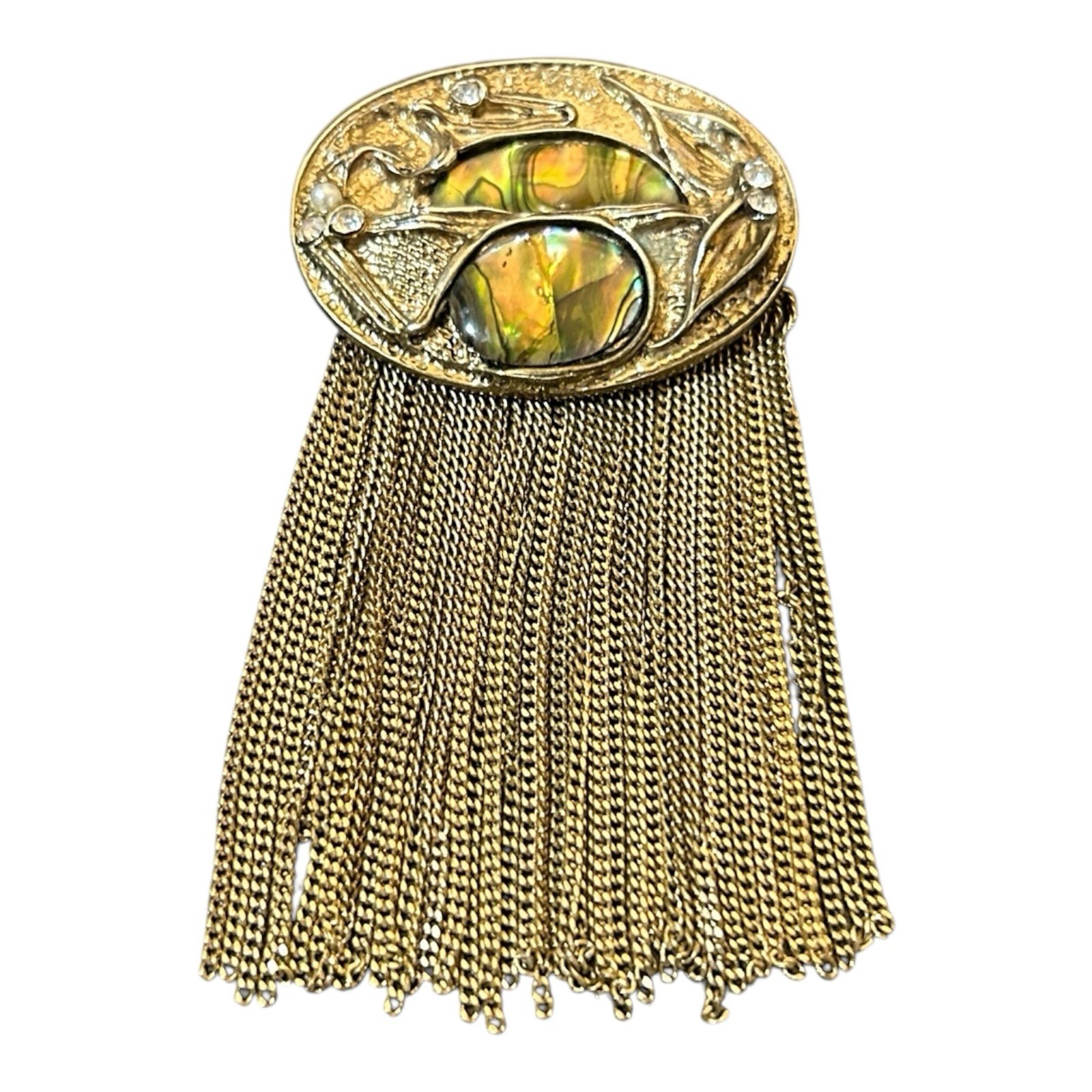 Vintage Art Nouveau Fringe Brooch Abalone Shell Gold Tone 3.5in