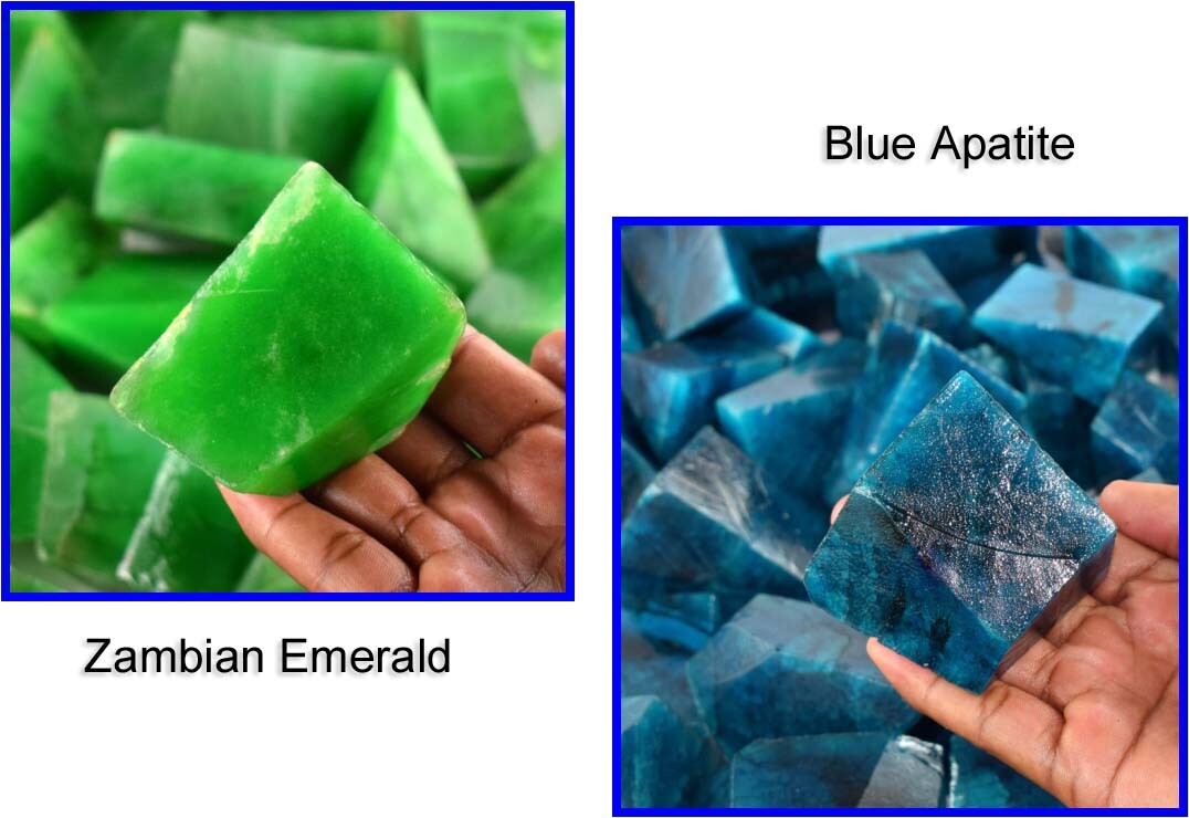 Natural 2000 Carat Blue Apatite & Zambian Emerald Gemstone Polished Rough Lot