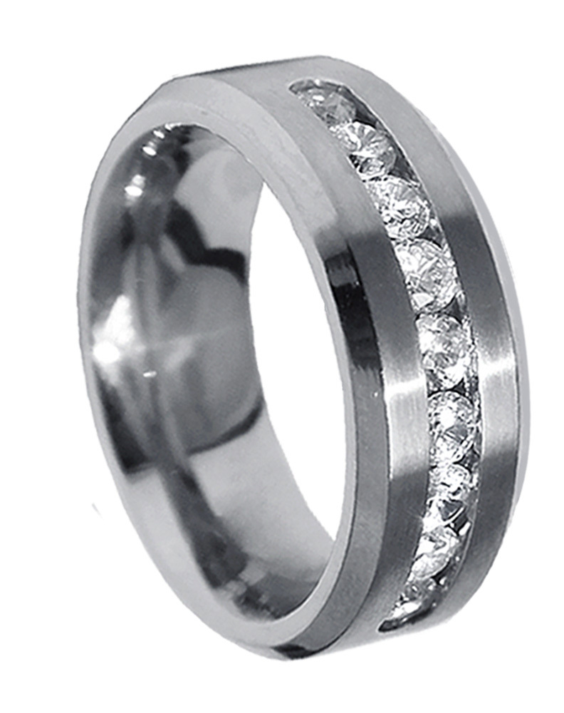 Mens 8mm Width Round Cut CZ Stones Stainless Steel Wedding Ring Band Size 9-13
