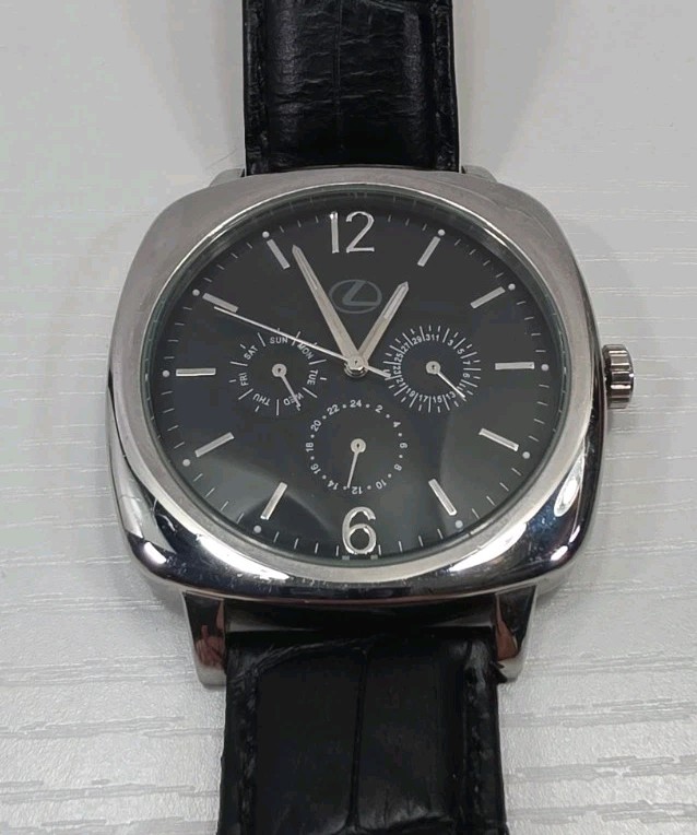 Lexus Logo Dial Chronograph Watch Silver Tone Black Leather Band New Battery
