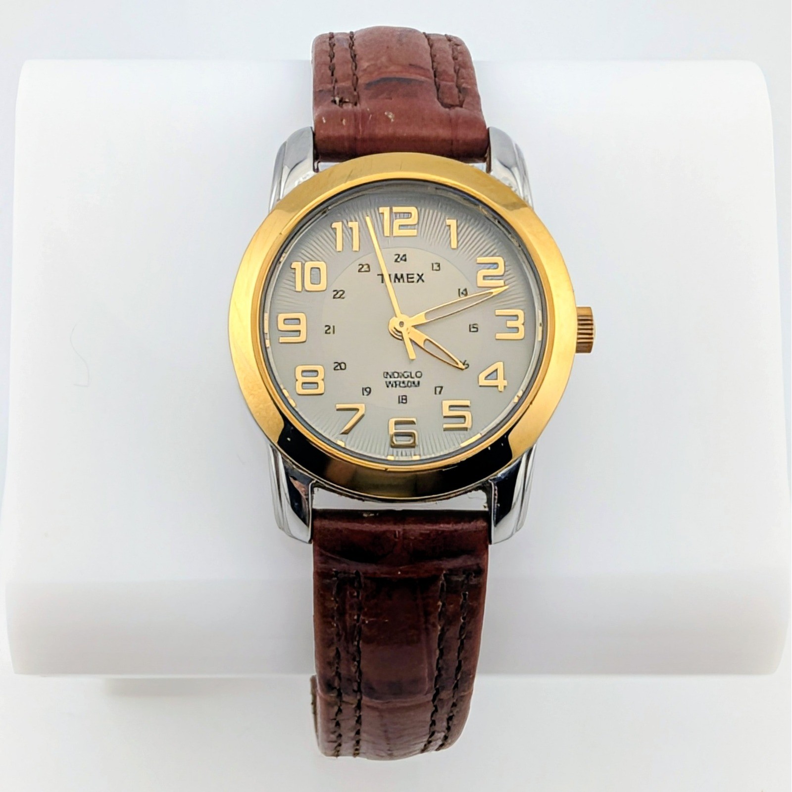 Timex Indiglo Two-Tone Women’s Watch Radial Textured Dial Brown Leather 28mm