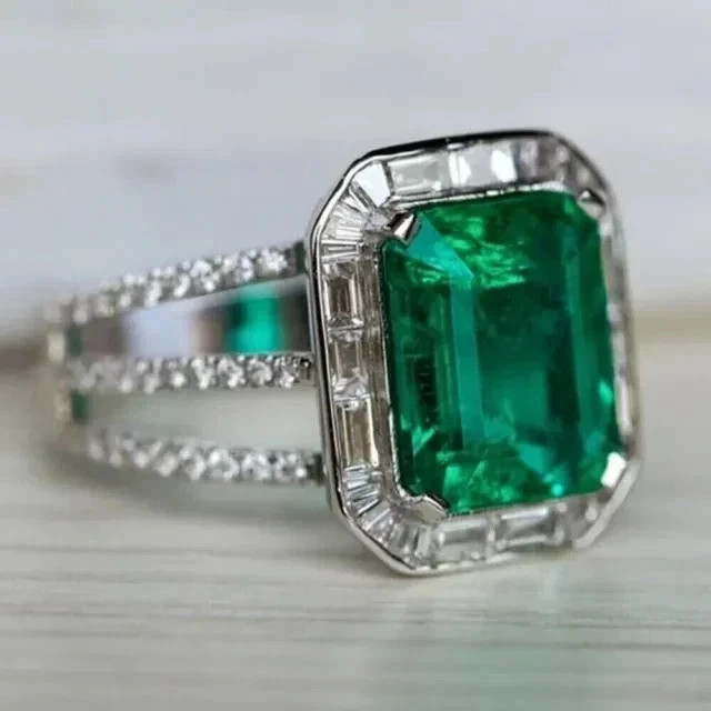 3.00Ct Emerald Cut Lab Created Emerald Halo Women’s Ring 14K White Gold Plated