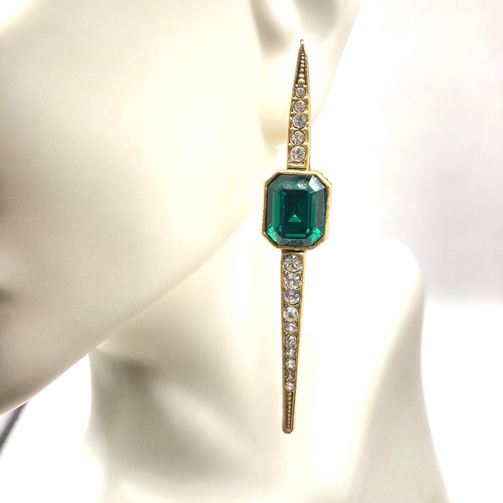 Elizabeth Cole Pierced Drop Earrings Gold Plated Green White Crystals Statement