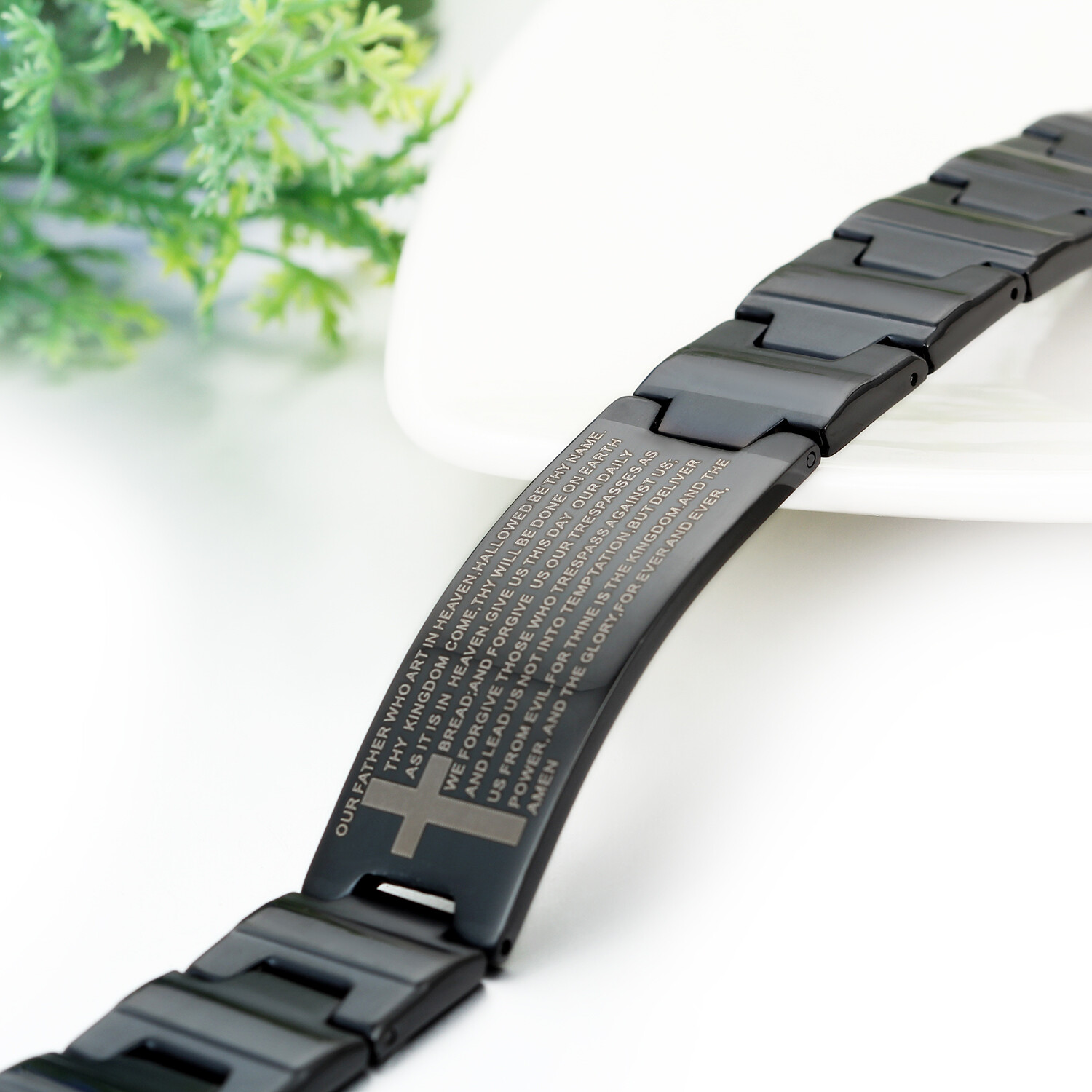 Men Black Stainless Steel Christ Cross English Bible Lords Prayer Chain Bracelet